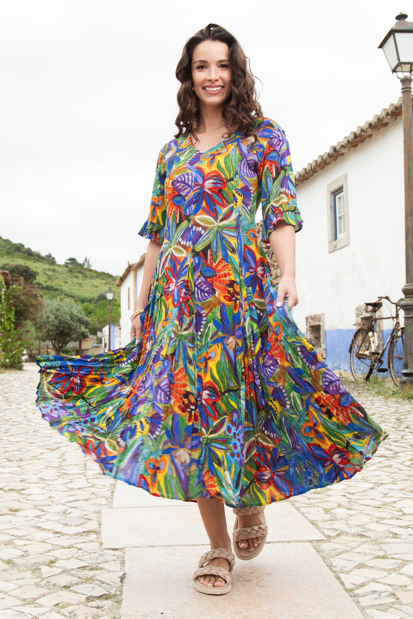 Orientique 81360 Zapallar Print Multi Colour Maxi Short Sleevess