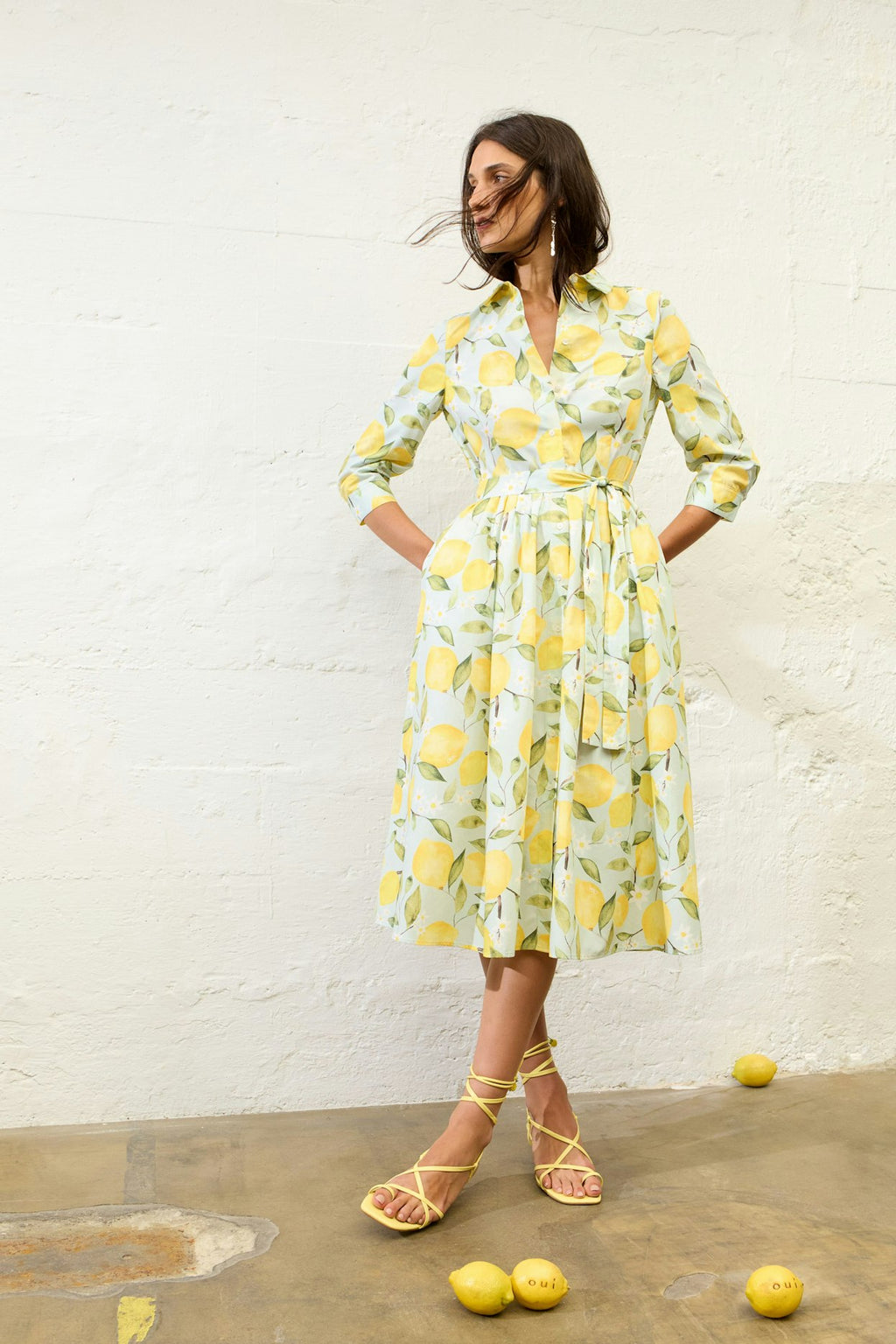 Oui 97174 Long Sleeves Mid Length Yellow And Green Dress