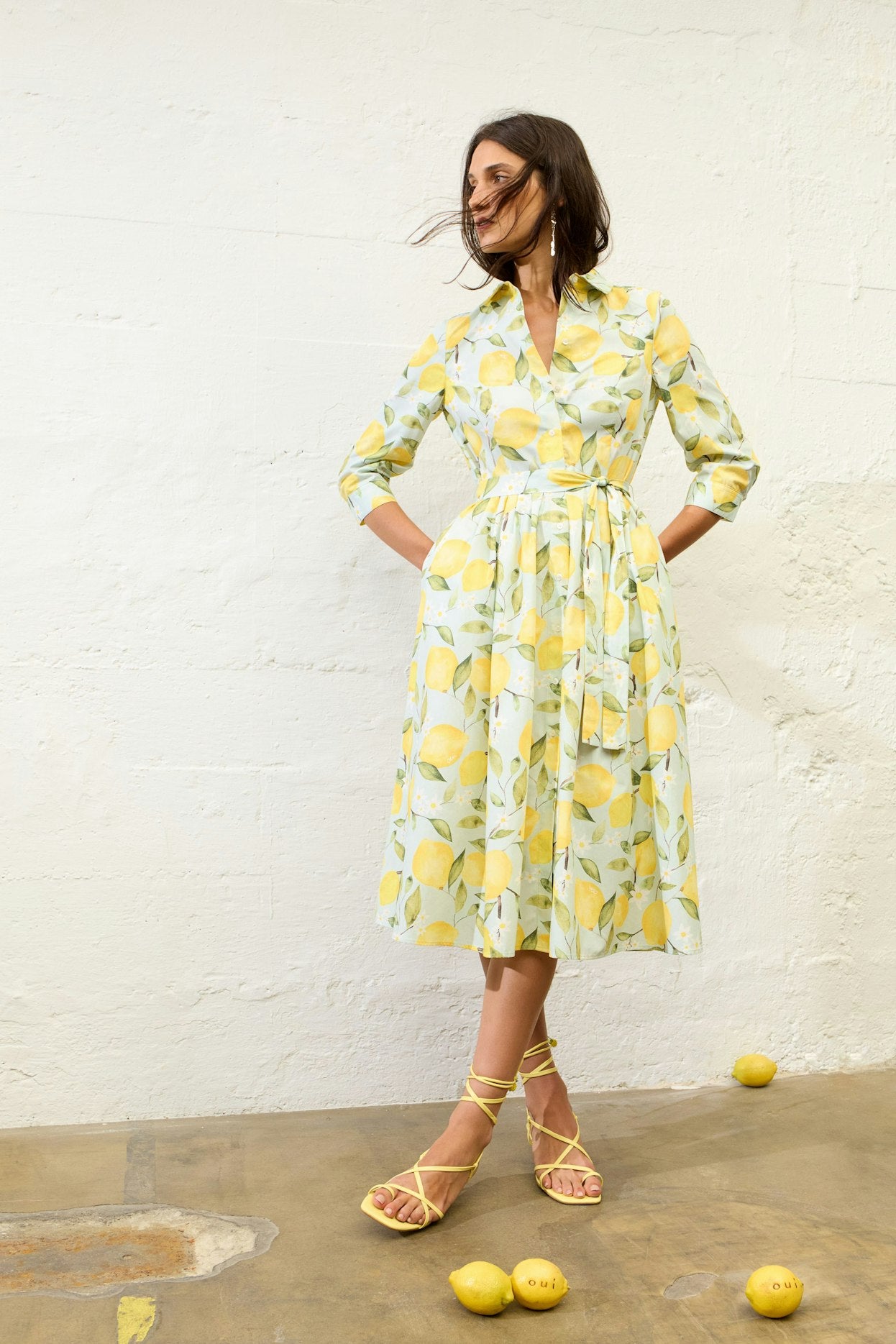 Oui 97174 Long Sleeves Mid Length Yellow And Green Dress