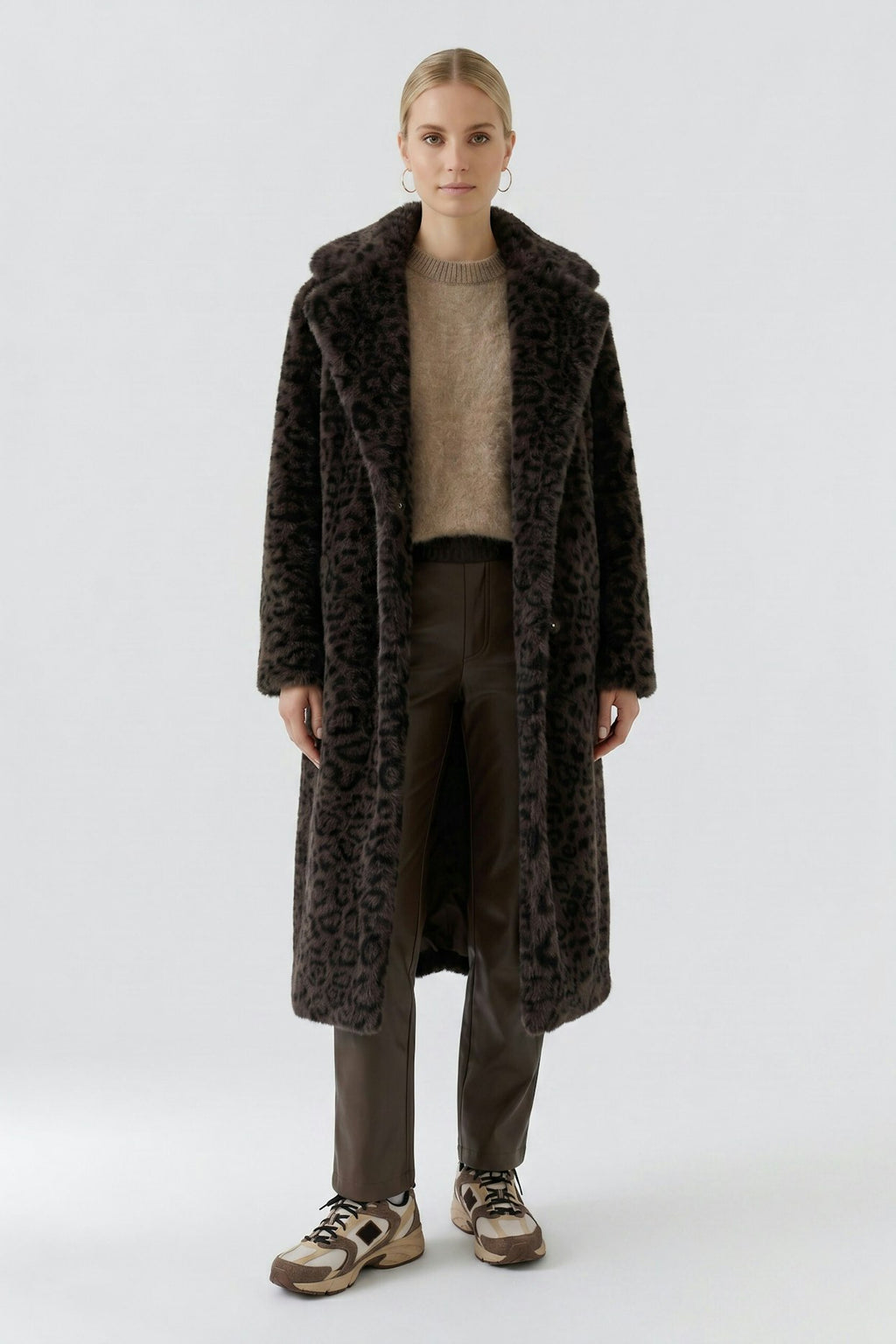 Oui 98937 Fur Leo Print Coat In Dark Brown And Grey