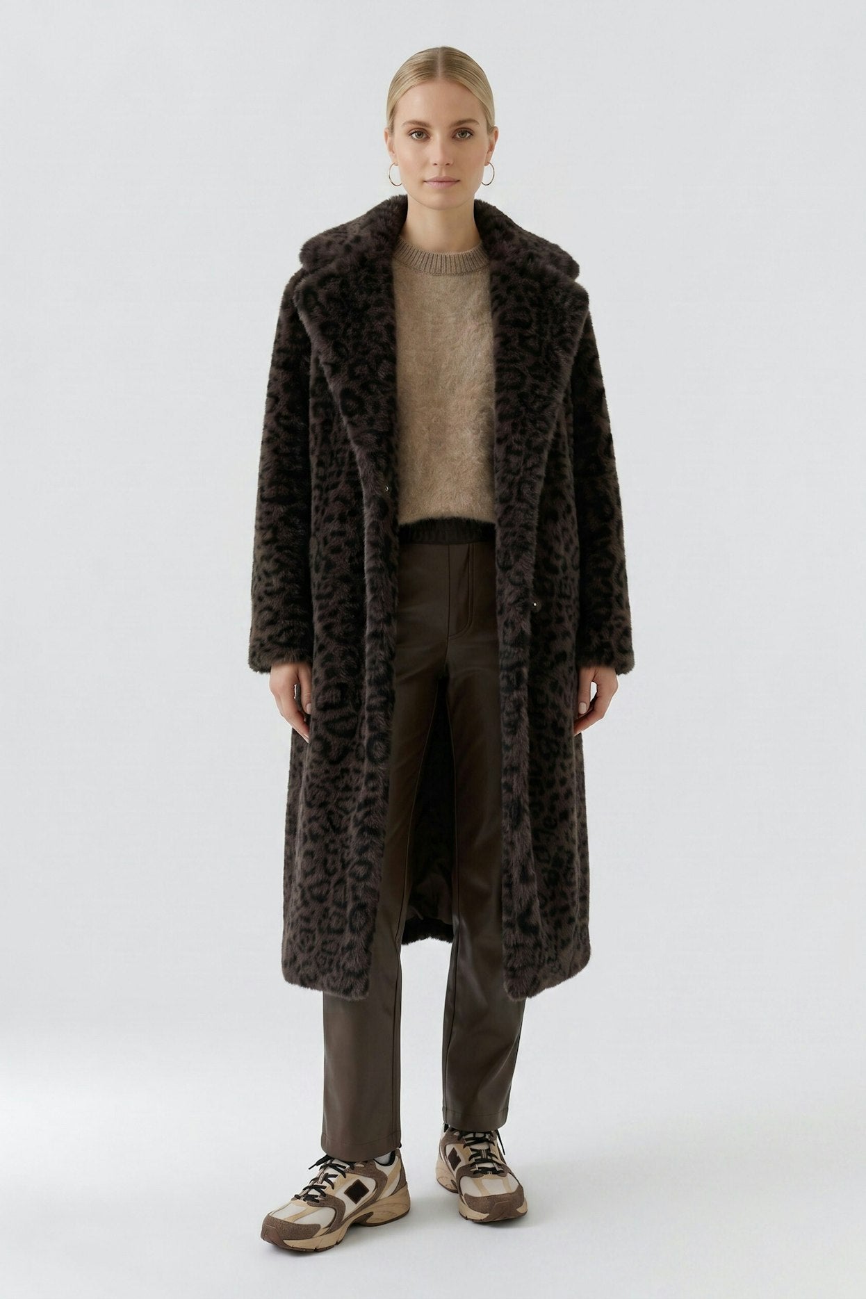 Oui 98937 Fur Leo Print Coat In Dark Brown And Grey