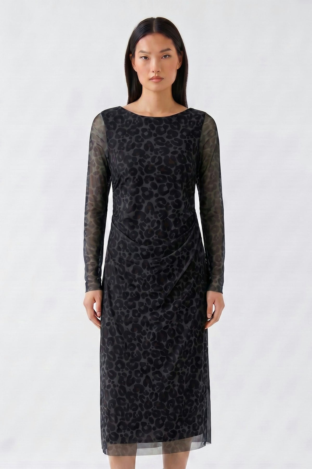 Oui 100341 Animal Print Brown And Grey Mesh Midi Dress