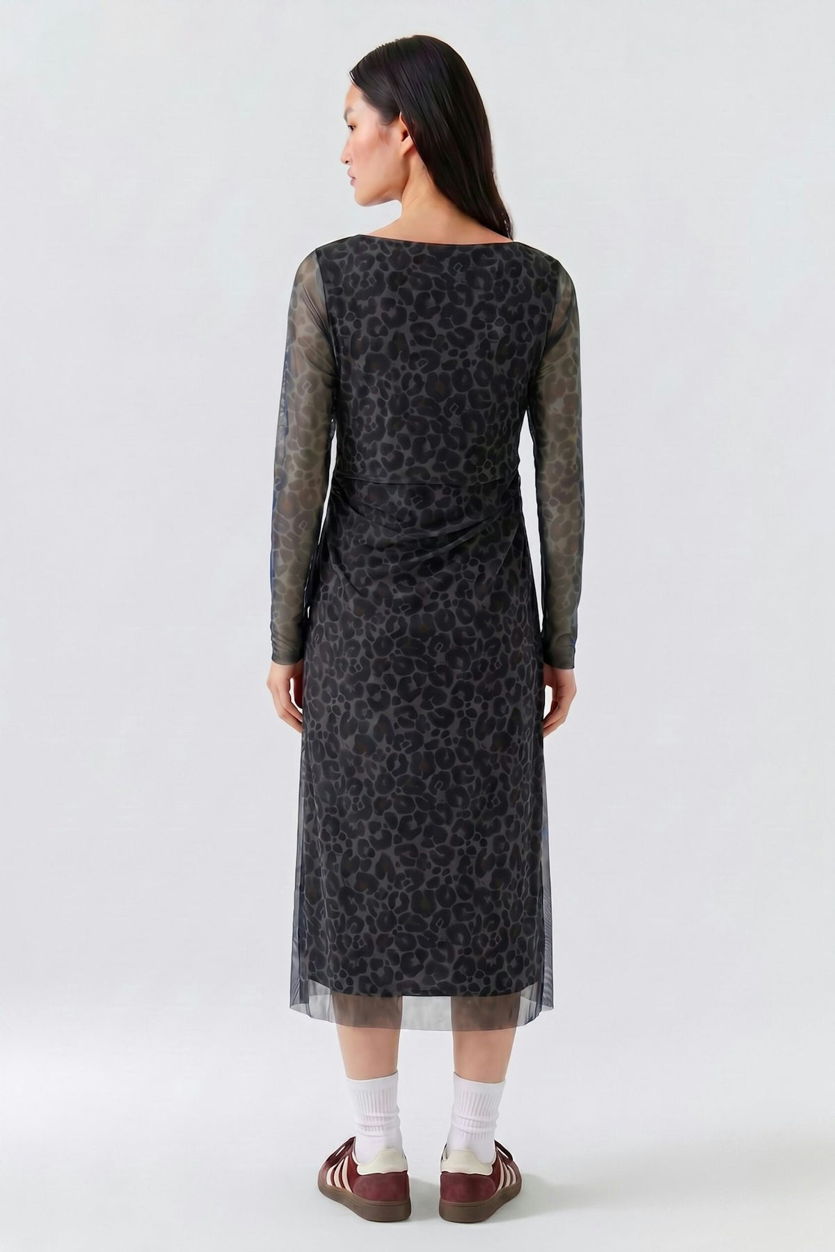 Oui 100341 Animal Print Brown And Grey Mesh Midi Dress