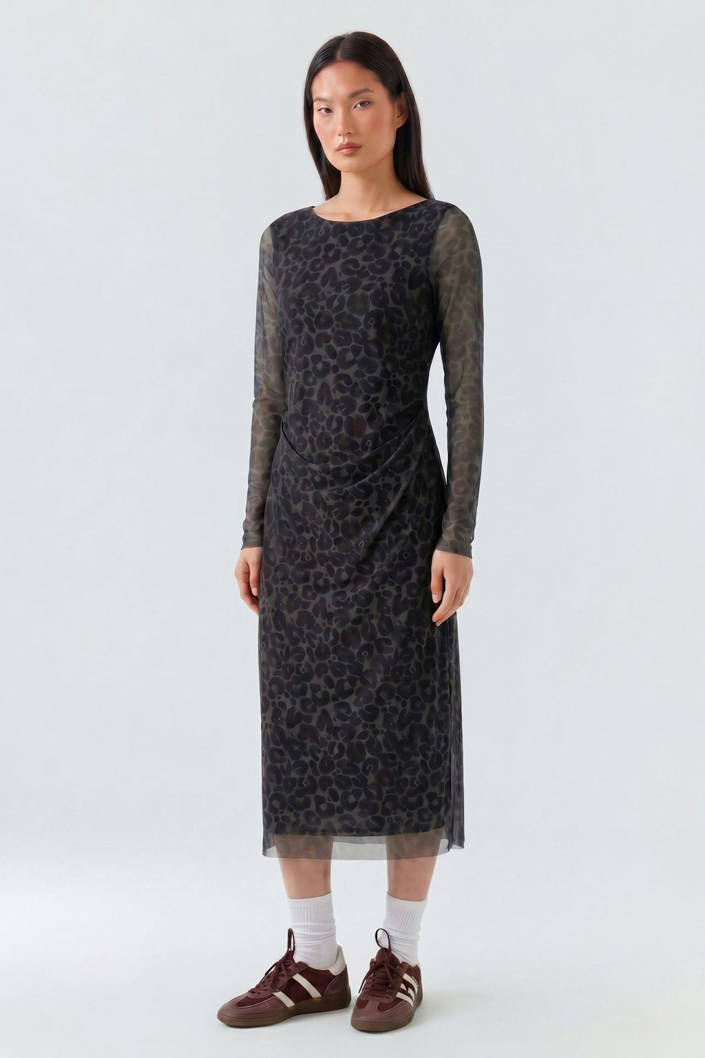Oui 100341 Animal Print Brown And Grey Mesh Midi Dress