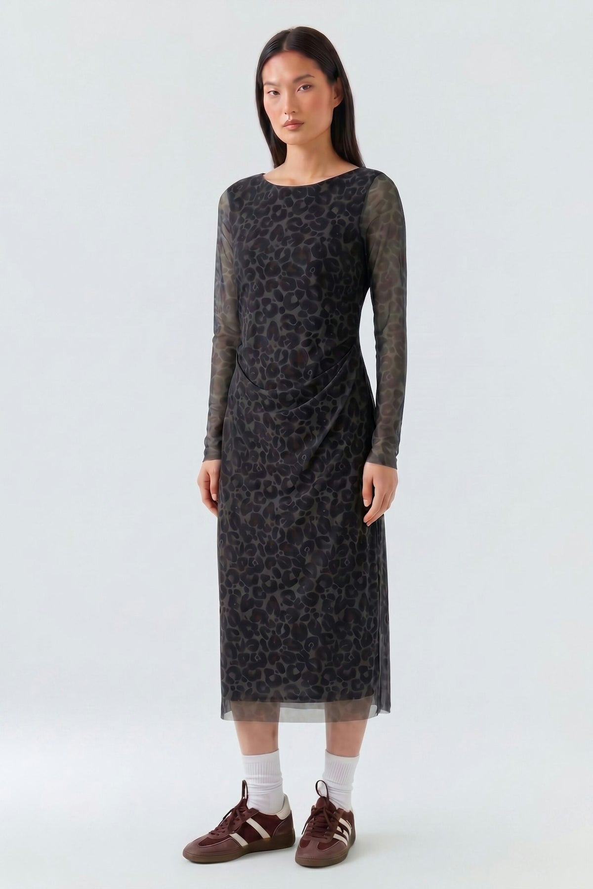 Oui 100341 Animal Print Brown And Grey Mesh Midi Dress