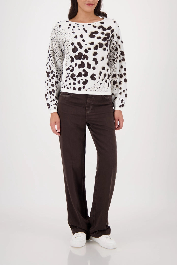 Monari 410292 Dark Chocolate Jumper With Round Neck Long Sleeves And Animal Pattern