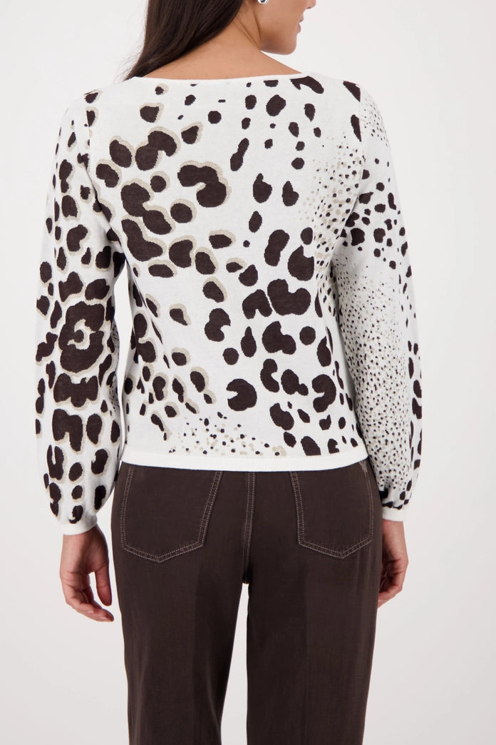 Monari 410292 Dark Chocolate Jumper With Round Neck Long Sleeves And Animal Pattern