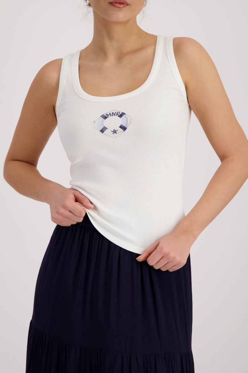 Monari 410621 Cream Sleevless Top With Mini Blue Print And Round Neck