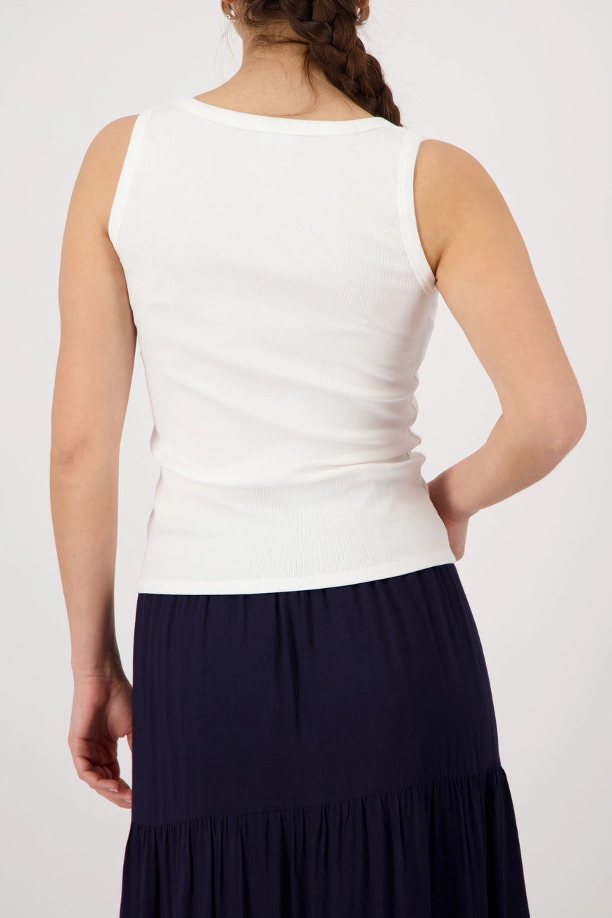 Monari 410621 Cream Sleevless Top With Mini Blue Print And Round Neck