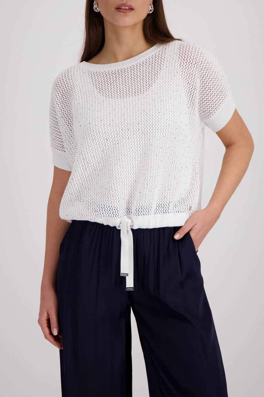 Monari 410875 Cream Basic Top With Decorative Embellishment Round Neck And Half Sleeves