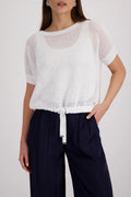 Monari 410875 Cream Basic Top With Decorative Embellishment Round Neck And Half Sleeves