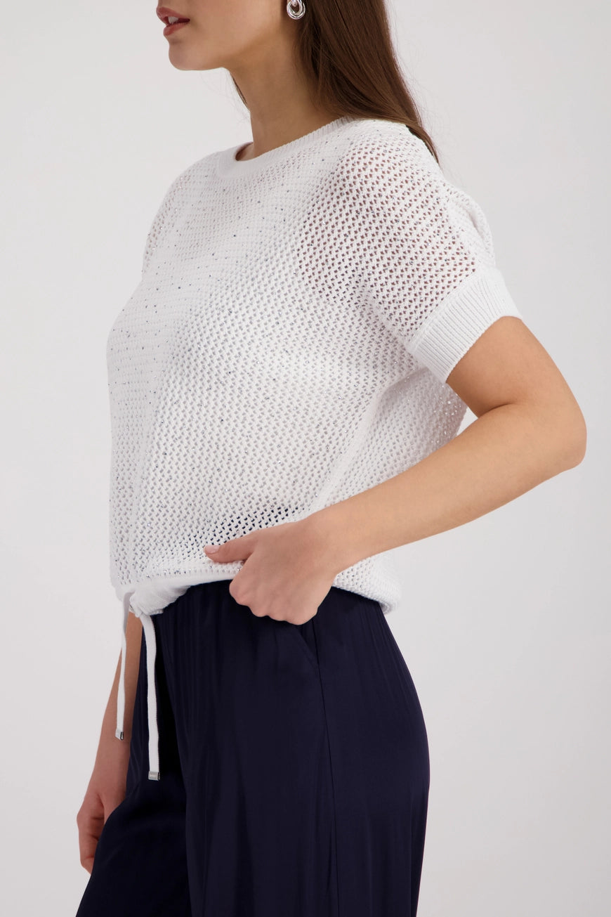 Monari 410875 Cream Basic Top With Decorative Embellishment Round Neck And Half Sleeves