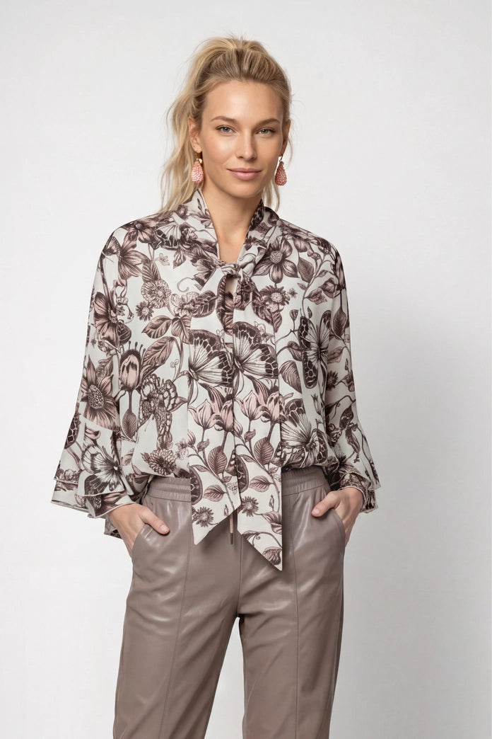 Monari 809765 Taupe Floral Pattern Round Neck 3/4 Sleeves Blouse
