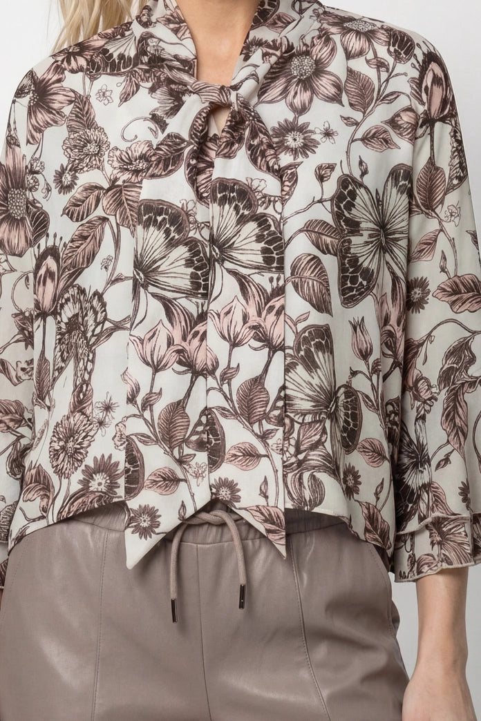 Monari 809765 Taupe Floral Pattern Round Neck 3/4 Sleeves Blouse