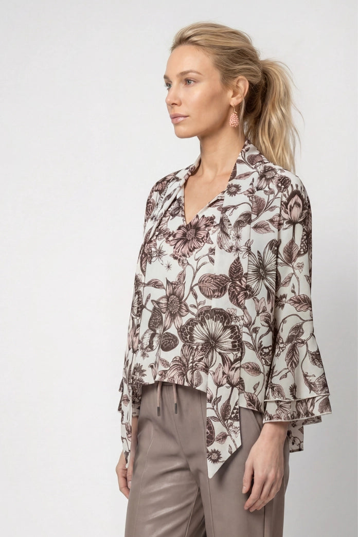 Monari 809765 Taupe Floral Pattern Round Neck 3/4 Sleeves Blouse