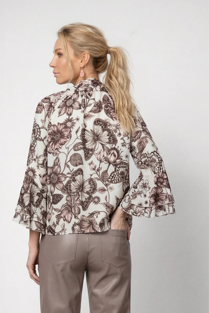 Monari 809765 Taupe Floral Pattern Round Neck 3/4 Sleeves Blouse
