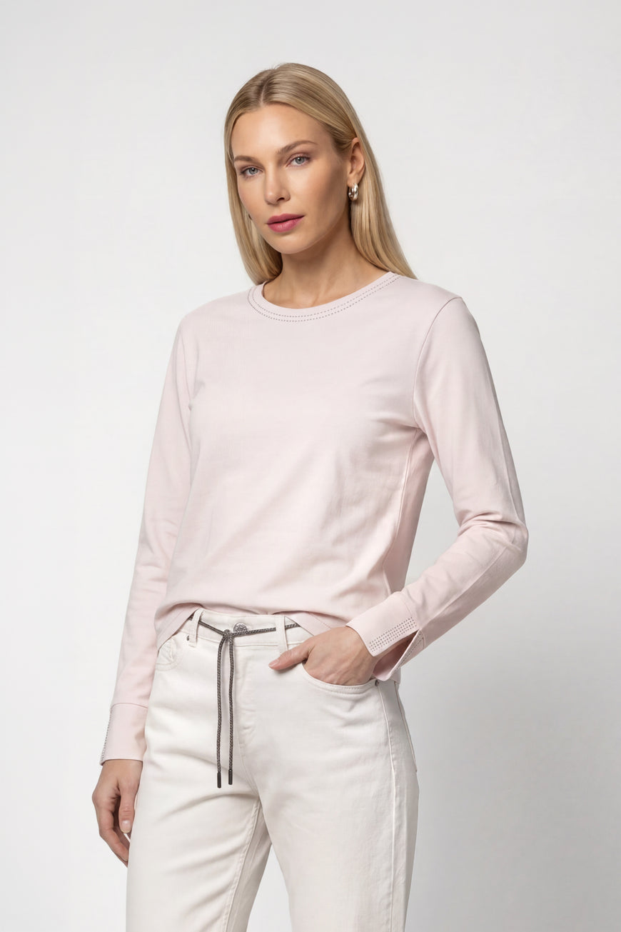 Monari 810053 Pale Pink Round Neck Rhinestone Sleeves T-Shirt