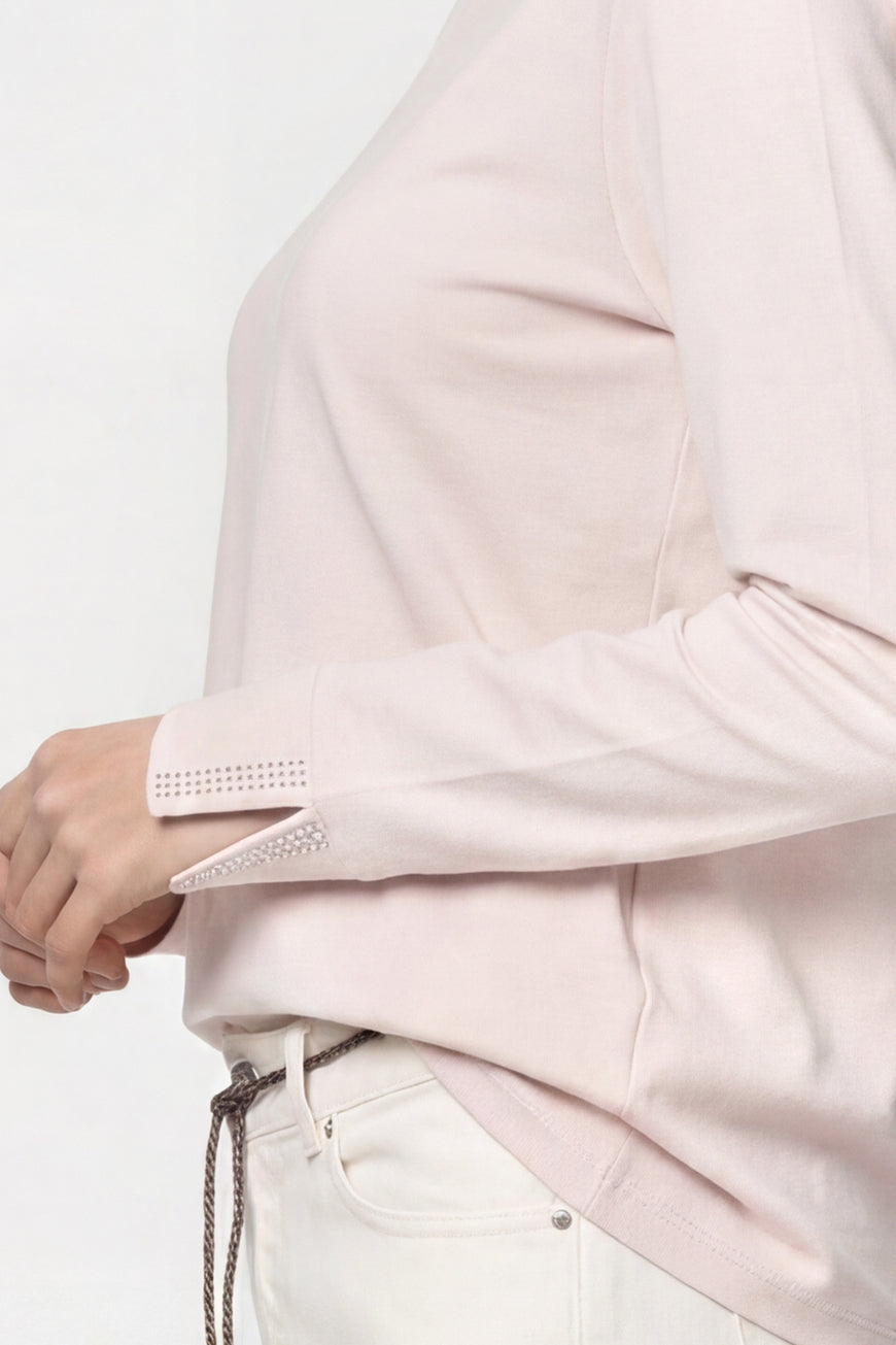 Monari 810053 Pale Pink Round Neck Rhinestone Sleeves T-Shirt