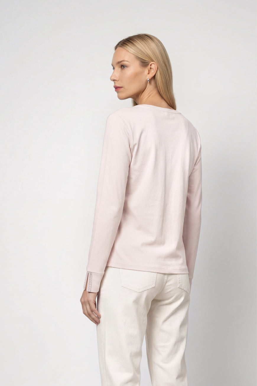 Monari 810053 Pale Pink Round Neck Rhinestone Sleeves T-Shirt
