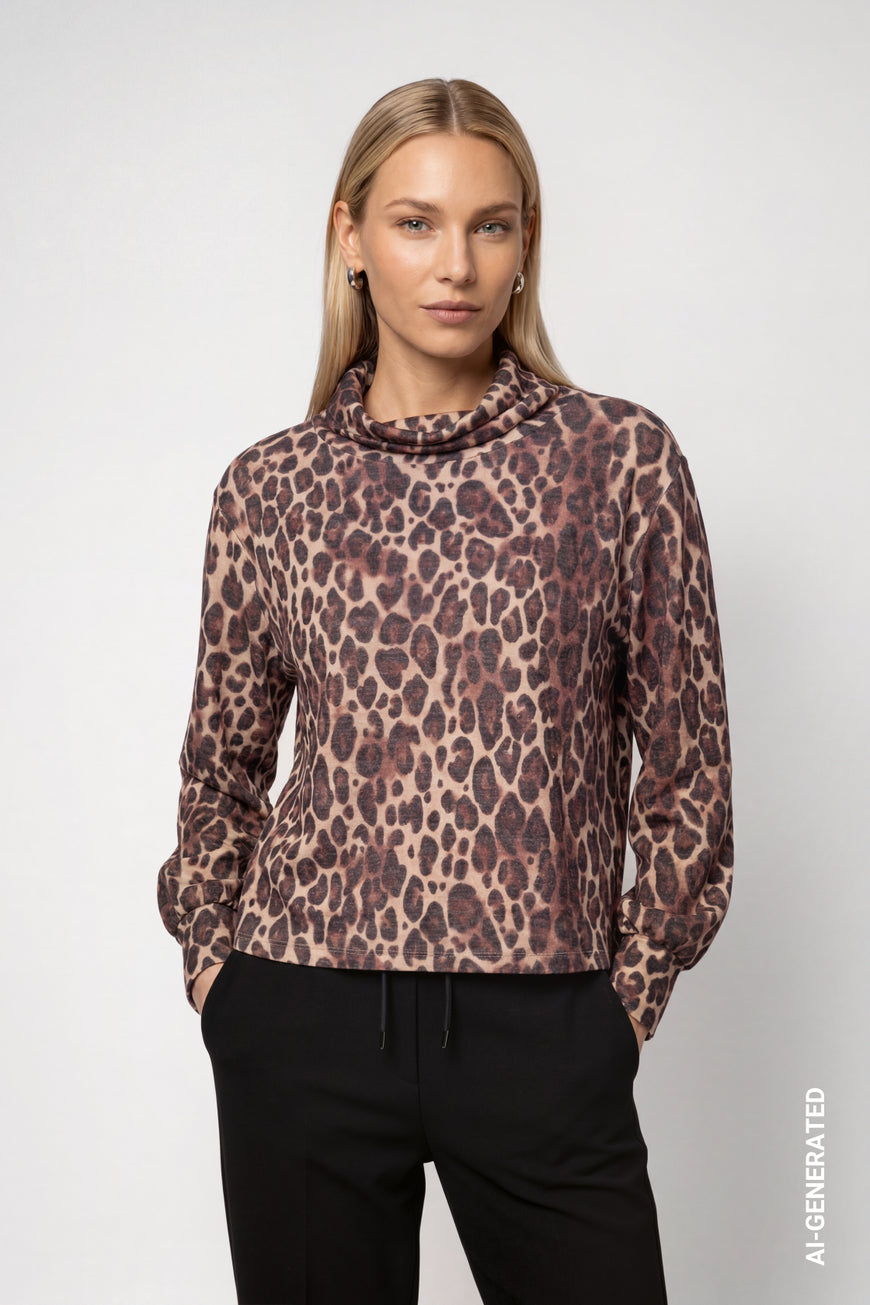 Monari 810097 Hazel Leopard Print Stand Up Collar Long Sleeves Top