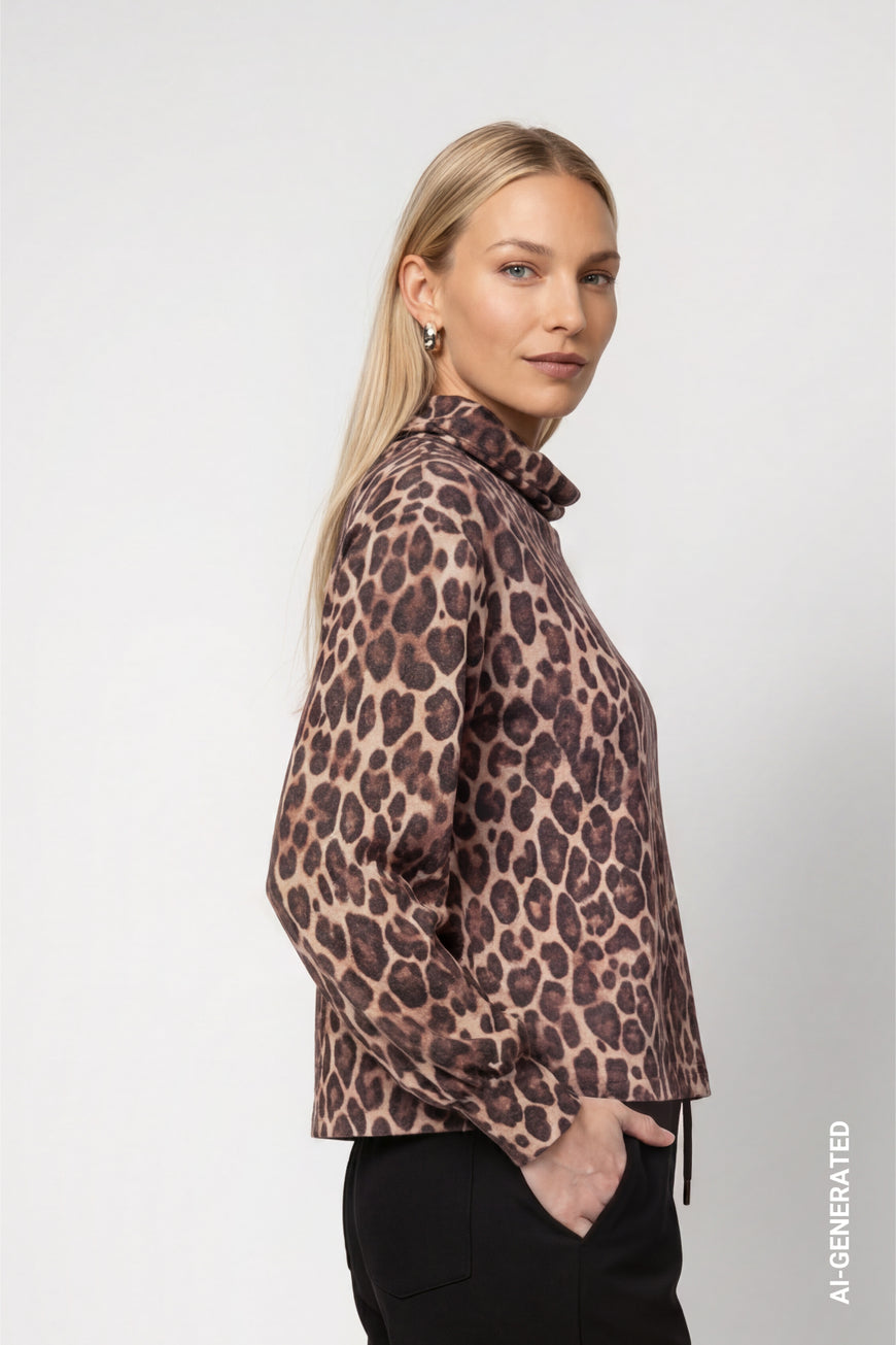 Monari 810097 Hazel Leopard Print Stand Up Collar Long Sleeves Top