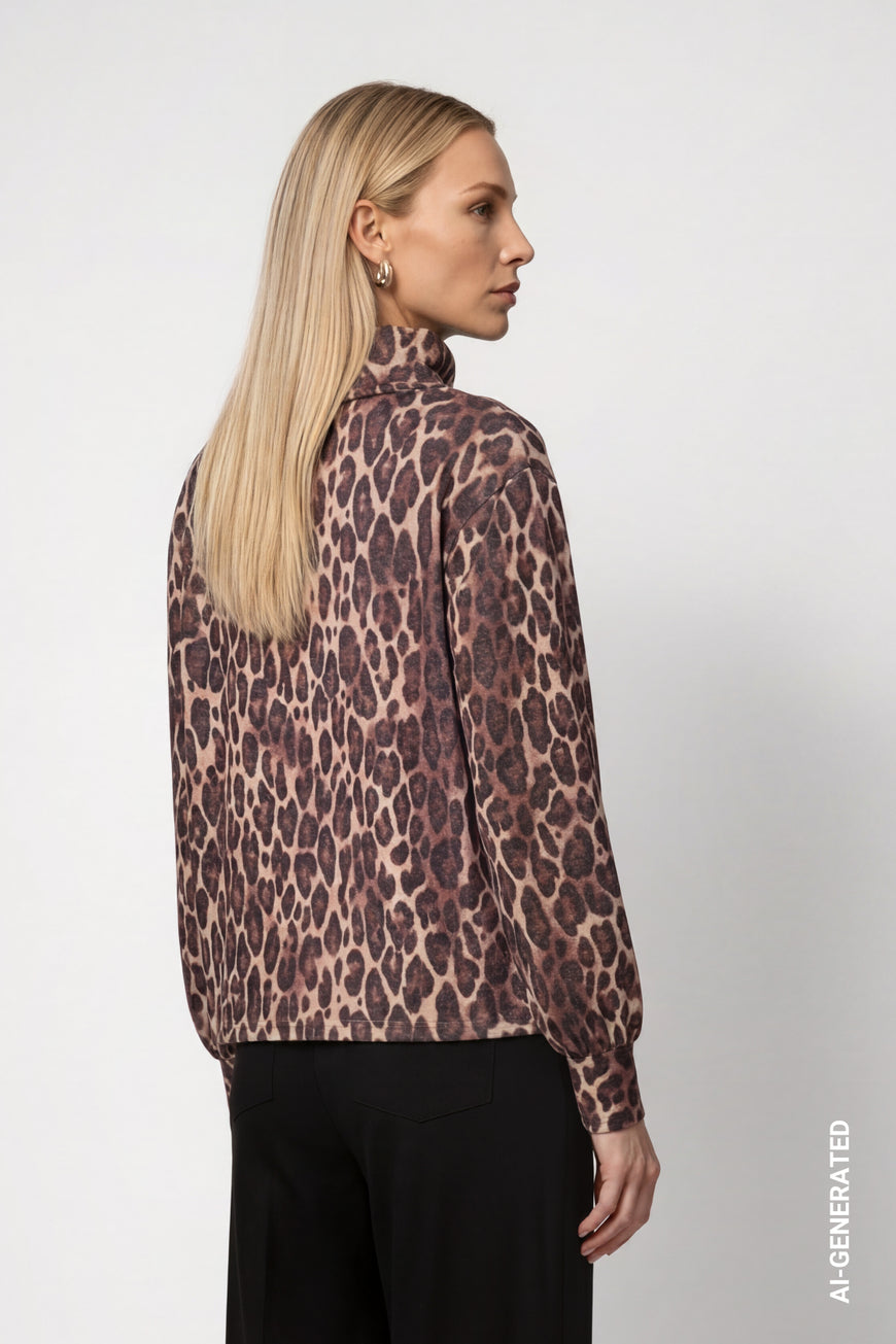 Monari 810097 Hazel Leopard Print Stand Up Collar Long Sleeves Top