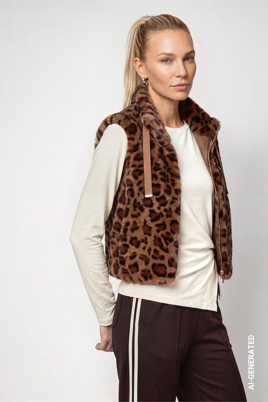 Monari 810111 Hazel Leopard Print Fake Fur Waistcoat With Stand Up Collar