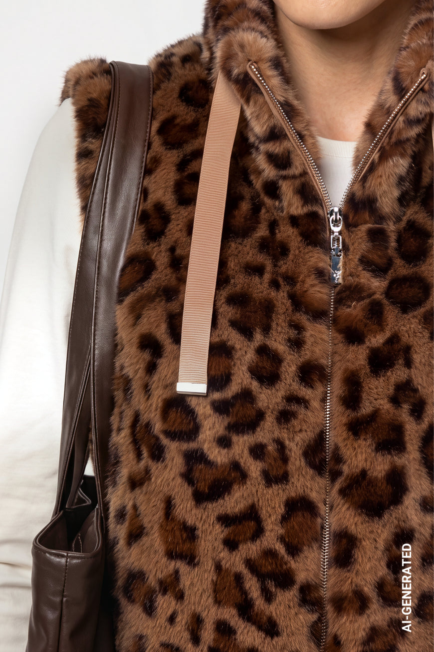Monari 810111 Hazel Leopard Print Fake Fur Waistcoat With Stand Up Collar