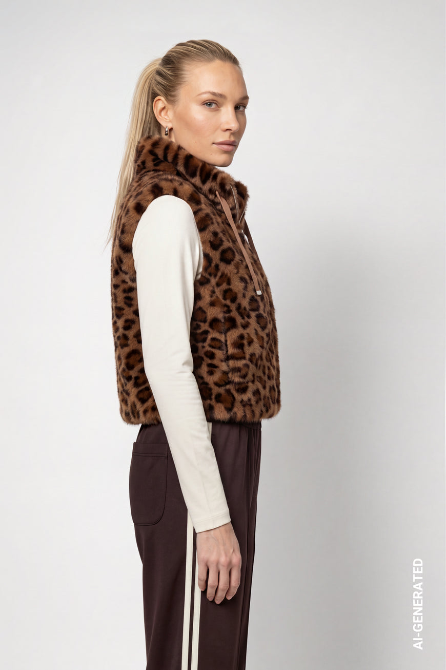 Monari 810111 Hazel Leopard Print Fake Fur Waistcoat With Stand Up Collar