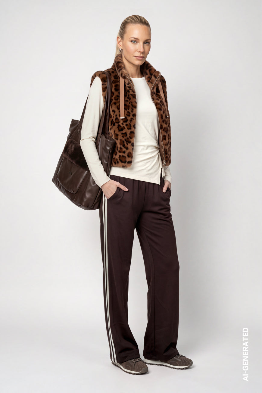 Monari 810111 Hazel Leopard Print Fake Fur Waistcoat With Stand Up Collar