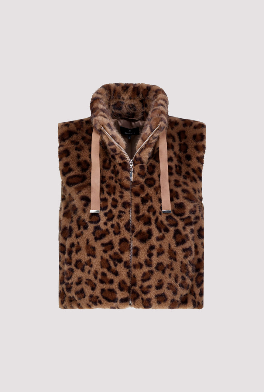 Monari 810111 Hazel Leopard Print Fake Fur Waistcoat With Stand Up Collar