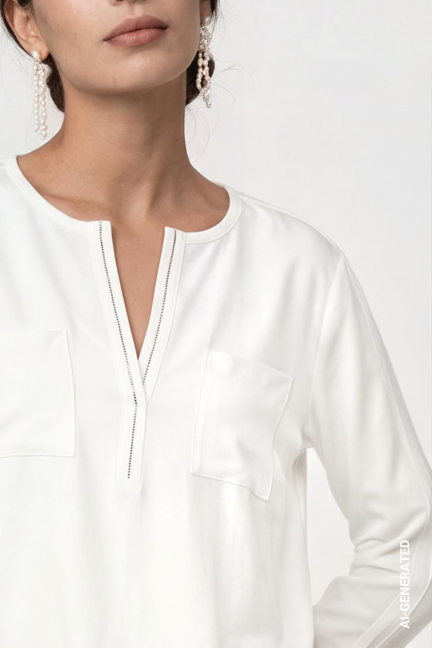 Monari 810104 Antique White Round Neck With A Small Split Jersey Blouse