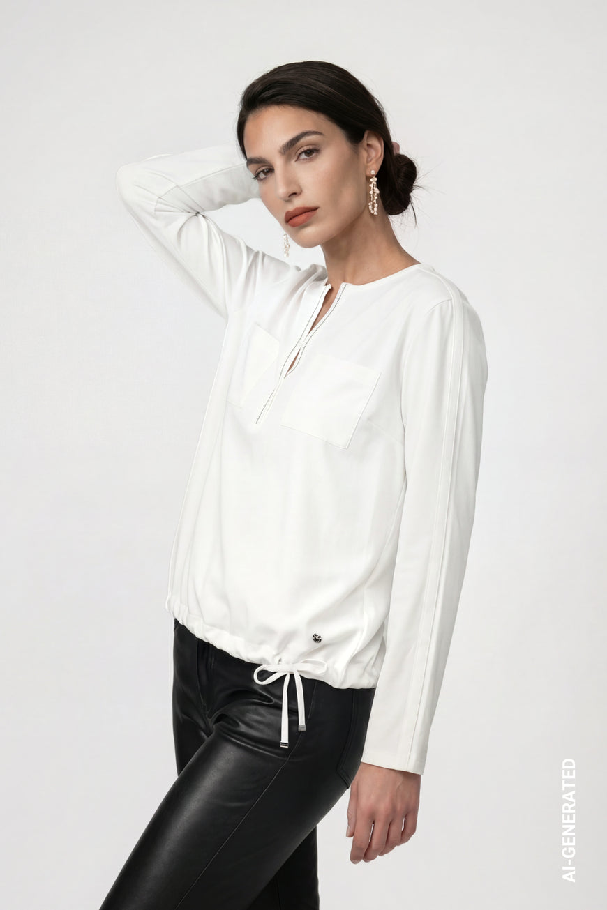 Monari 810104 Antique White Round Neck With A Small Split Jersey Blouse