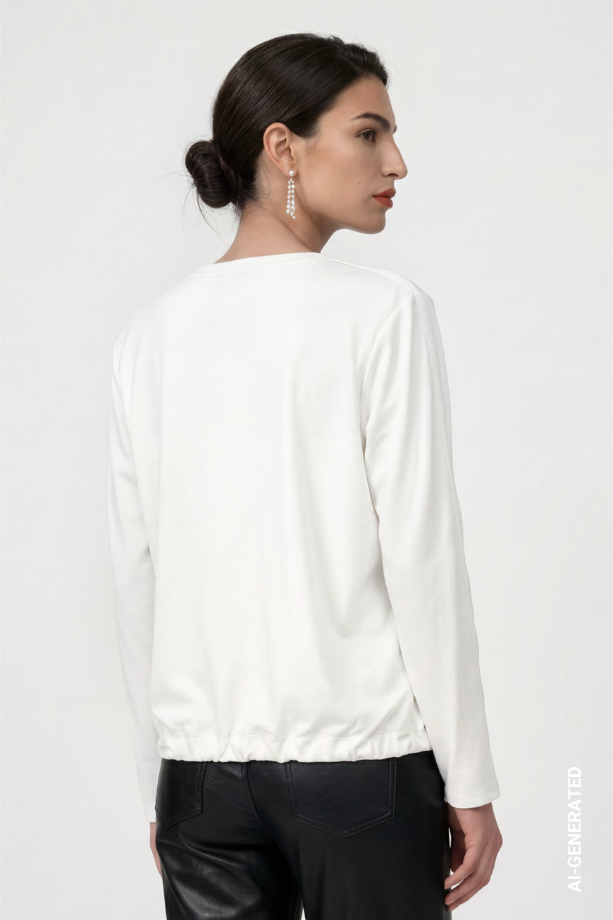 Monari 810104 Antique White Round Neck With A Small Split Jersey Blouse