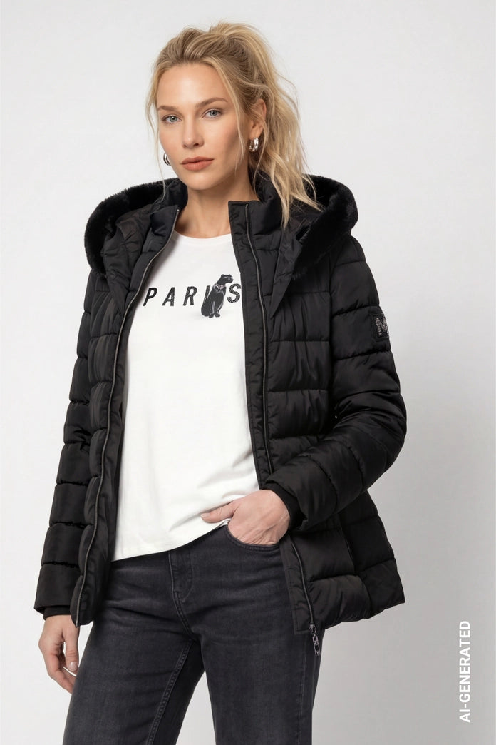 Monari 810130 Black Puffer Jacket With Waistbelt And Fake Fur Hood