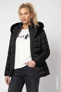 Monari 810130 Black Puffer Jacket With Waistbelt And Fake Fur Hood