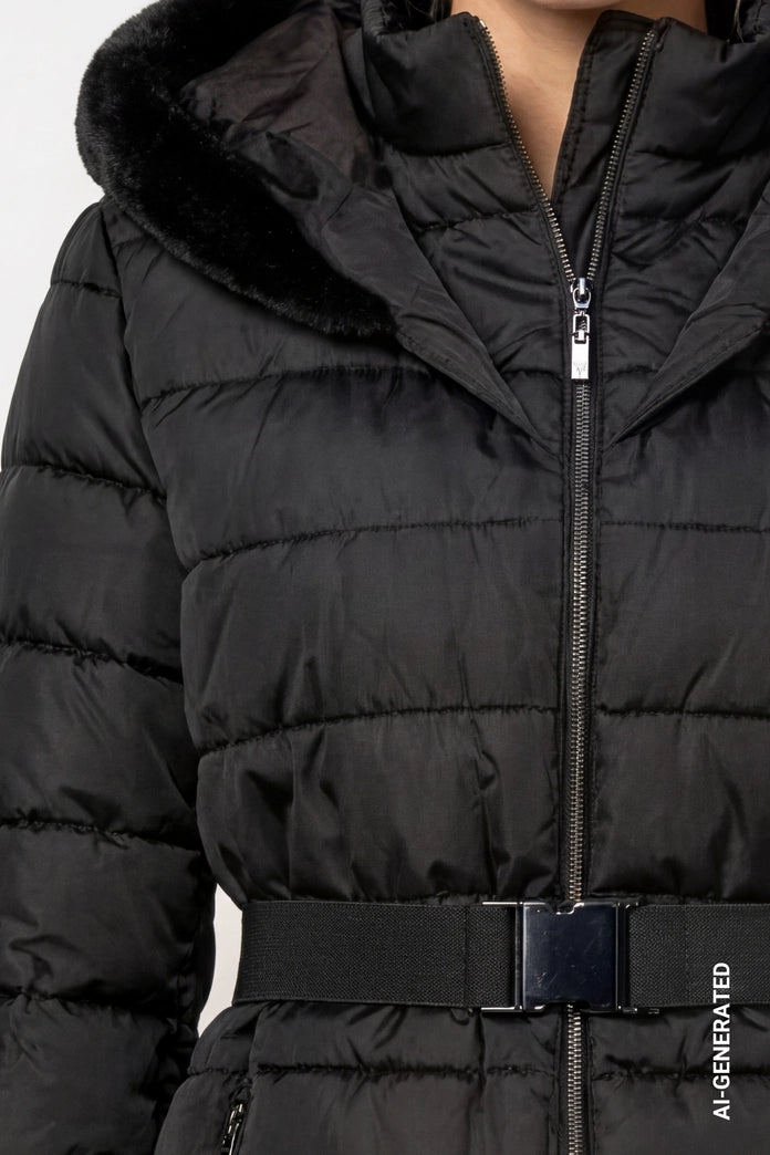 Monari 810130 Black Puffer Jacket With Waistbelt And Fake Fur Hood