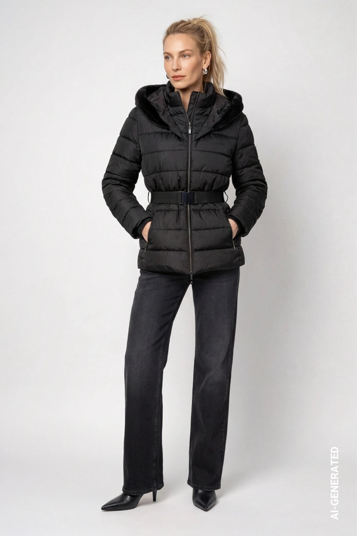 Monari 810130 Black Puffer Jacket With Waistbelt And Fake Fur Hood