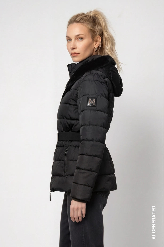 Monari 810130 Black Puffer Jacket With Waistbelt And Fake Fur Hood