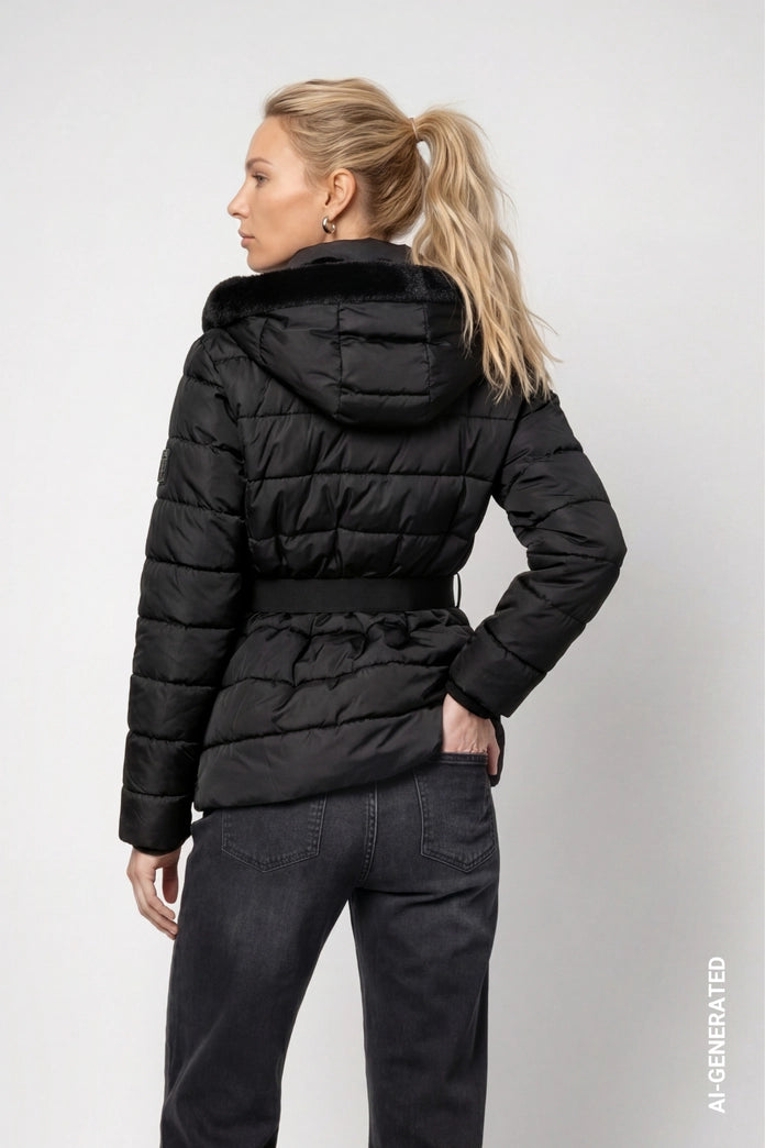 Monari 810130 Black Puffer Jacket With Waistbelt And Fake Fur Hood