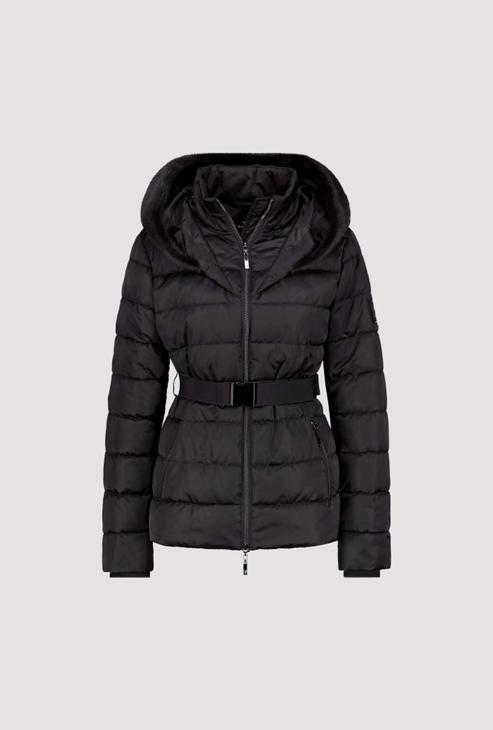 Monari 810130 Black Puffer Jacket With Waistbelt And Fake Fur Hood