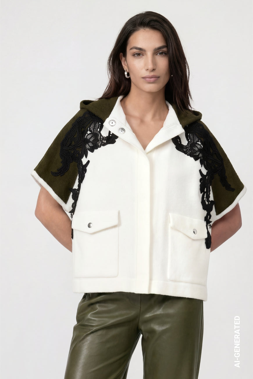 Monari 809929 Antique White Jacket Knitted Cape With Lace Trim And Hood