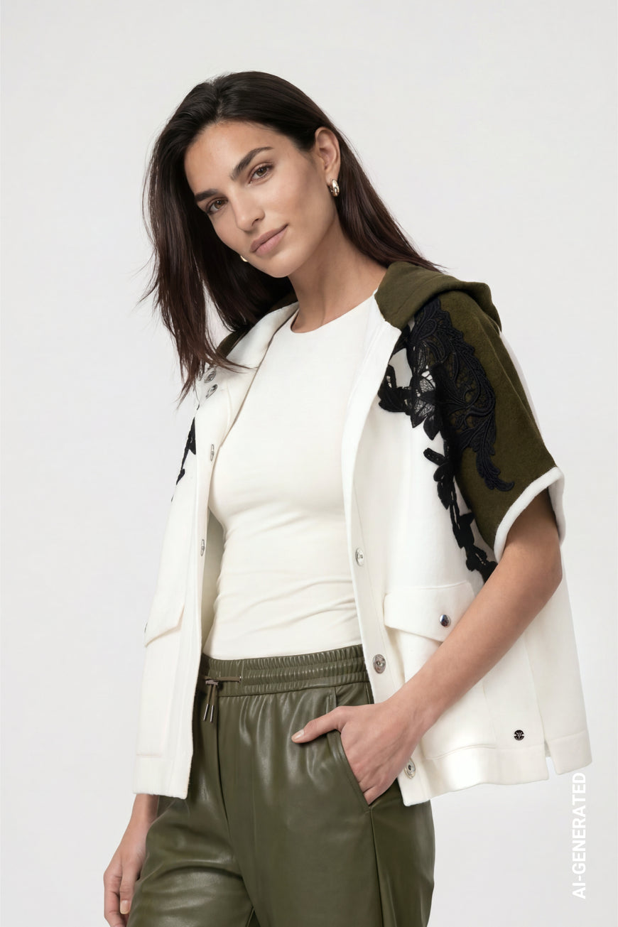 Monari 809929 Antique White Jacket Knitted Cape With Lace Trim And Hood