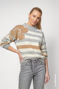 Monari 809933 Light Grey Melange Jumper With Stand Up Collar And Horizontal Striped