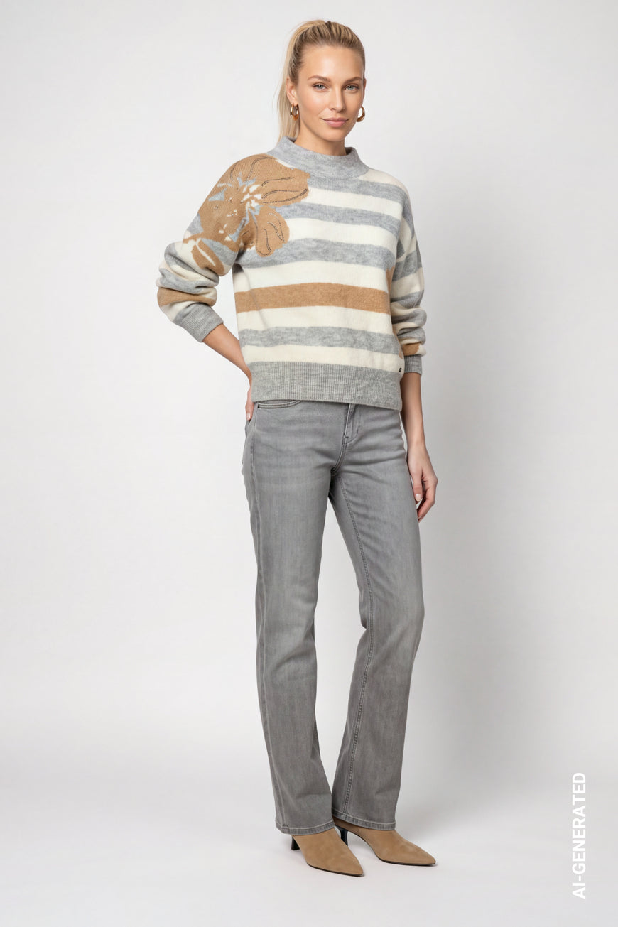 Monari 809933 Light Grey Melange Jumper With Stand Up Collar And Horizontal Striped