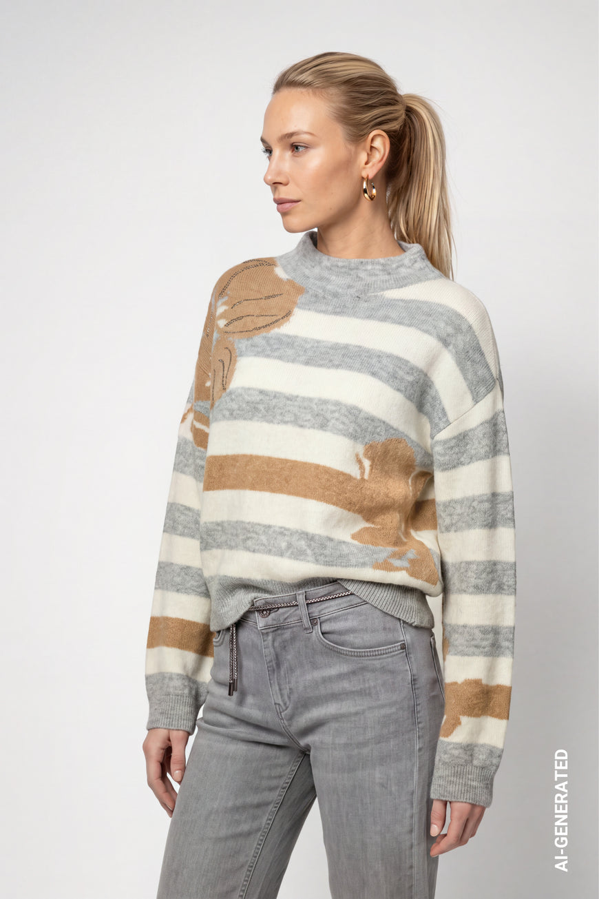 Monari 809933 Light Grey Melange Jumper With Stand Up Collar And Horizontal Striped