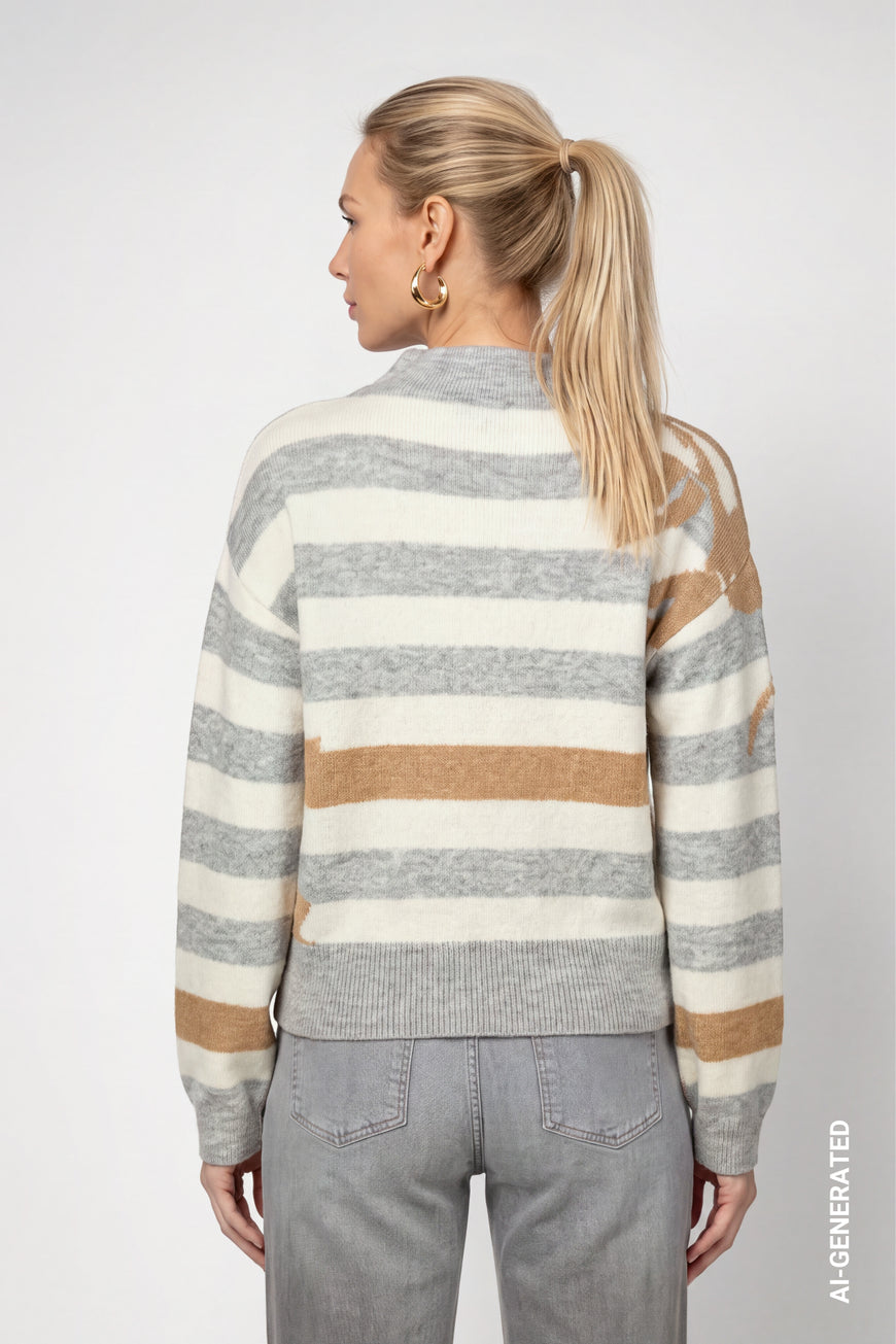 Monari 809933 Light Grey Melange Jumper With Stand Up Collar And Horizontal Striped