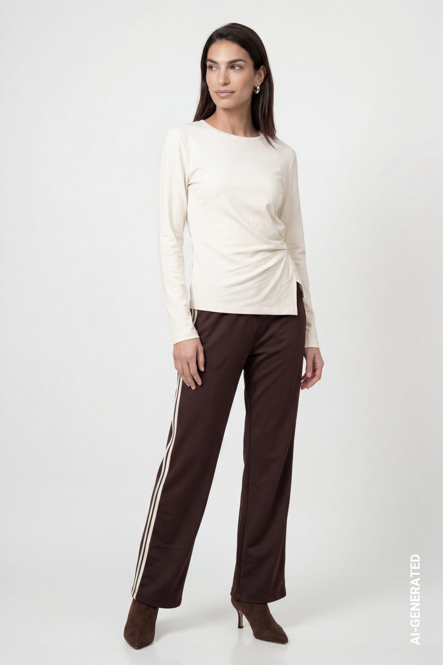 Monari 810123 Black Coffee Side Stripe Straight Trousers