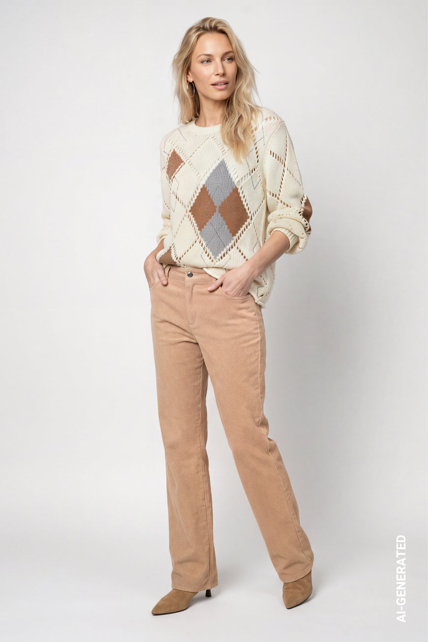Monari 809927 Classic Off White Argyle Diamond Pattern Jumper With Long Sleeves