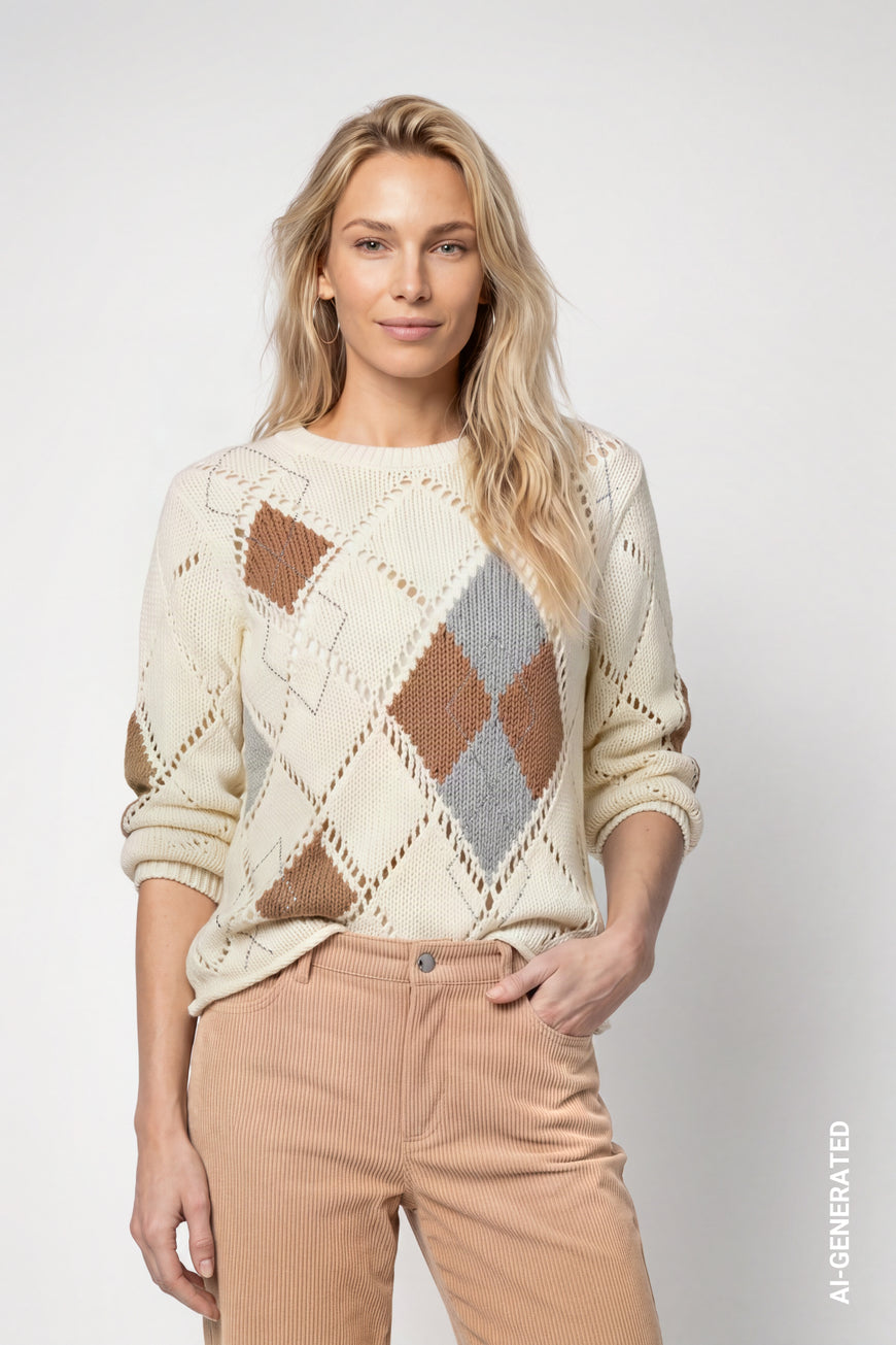 Monari 809927 Classic Off White Argyle Diamond Pattern Jumper With Long Sleeves